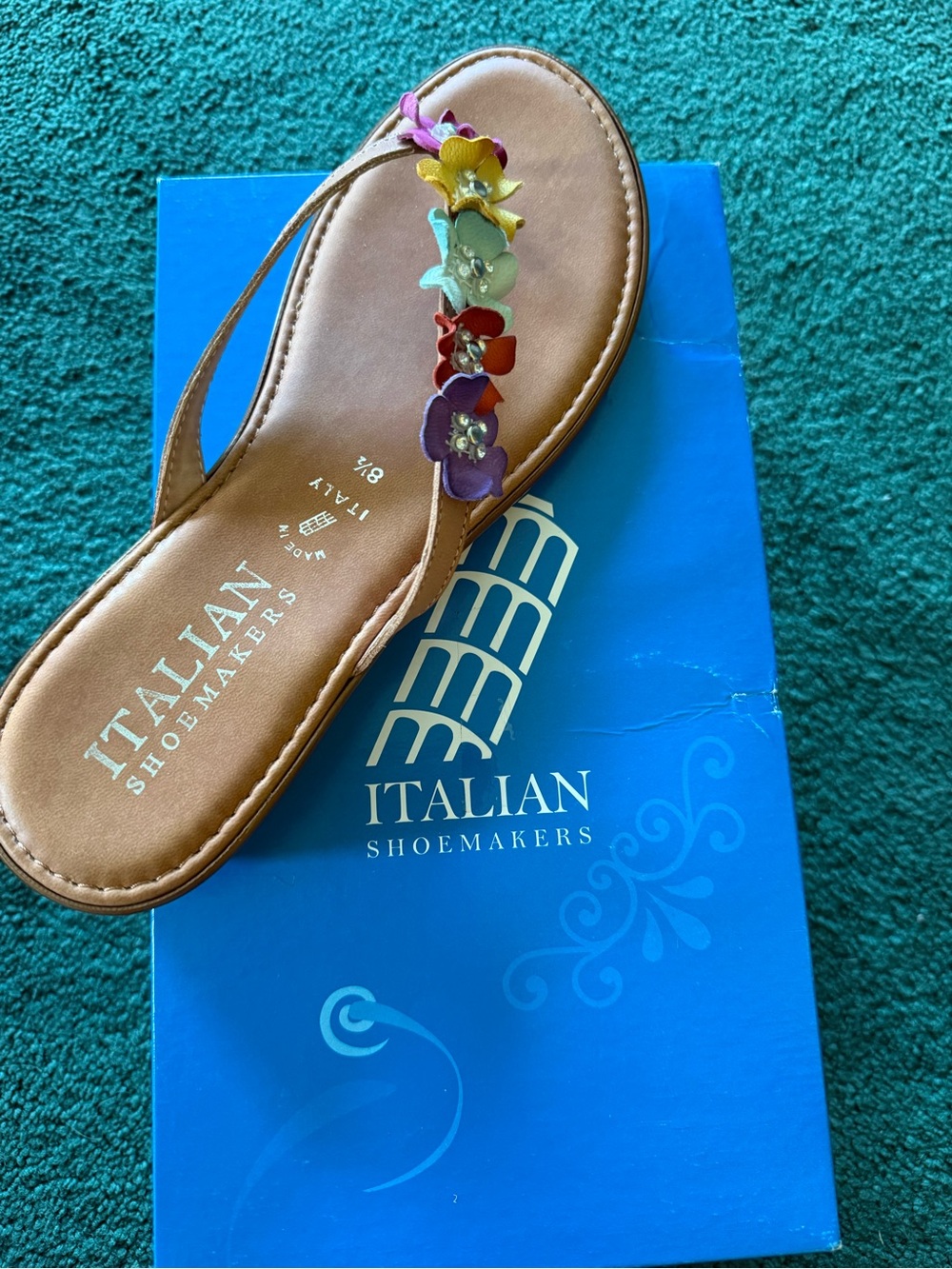 Italian Shoemakers Tan Leather Thong Sandal with Multicolor Floral Accents - Picture 3 of 3
